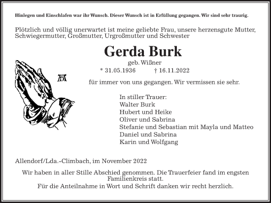 Traueranzeige von Gerda Burk von Giessener Anzeiger, Giessener Allgemeine, Alsfelder Allgemeine