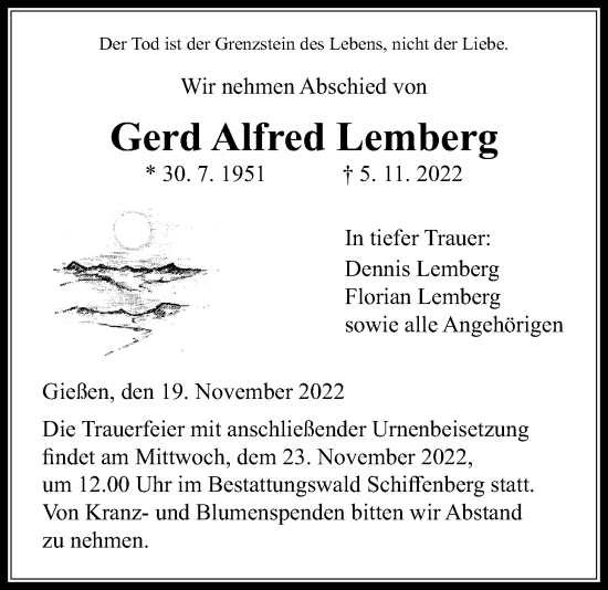 Traueranzeige von Gerd Alfred Lemberg von Giessener Allgemeine, Alsfelder Allgemeine
