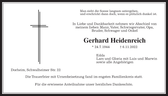 Traueranzeige von Gerhard Heidenreich von Wetterauer Zeitung