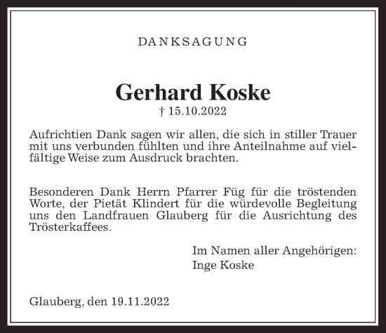 Traueranzeige von Gerhard Koske von Kreis-Anzeiger