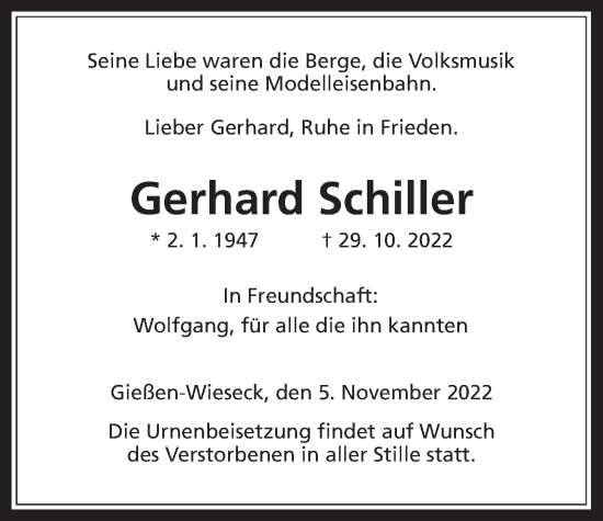 Traueranzeige von Gerhard Schiller von Giessener Allgemeine, Alsfelder Allgemeine, Giessener Anzeiger