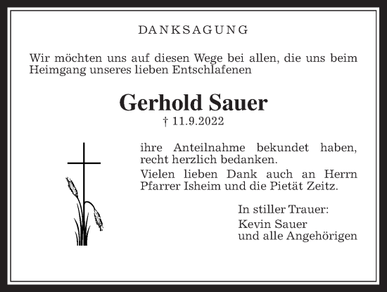 Traueranzeige von Gerhold Sauer von Kreis-Anzeiger