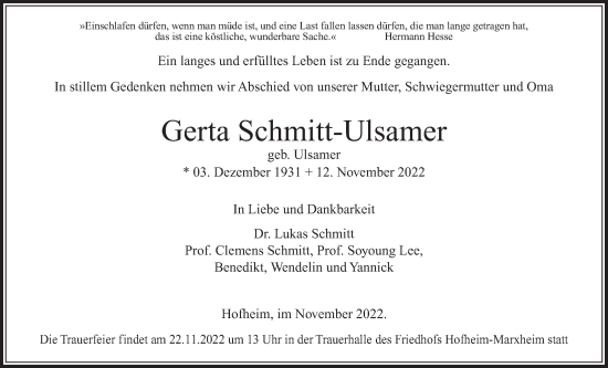Traueranzeige von Gerta Schmitt-Ulsamer 