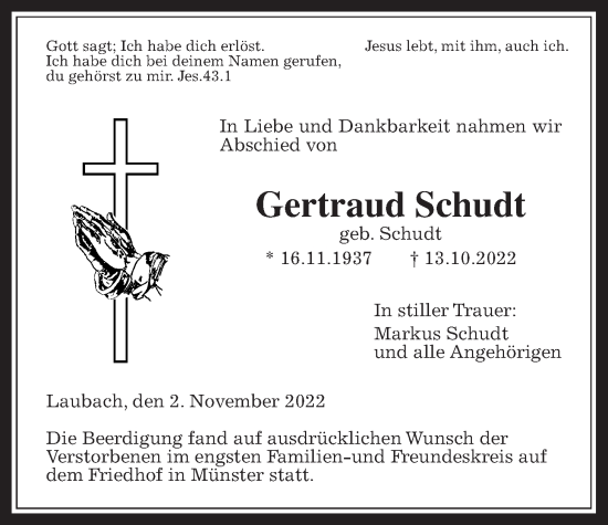 Traueranzeige von Gertraud Schudt von Laubacher Anzeiger