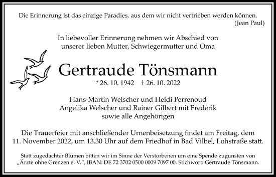 Traueranzeige von Gertraude Tönsmann von Bad Vilbel/Karben