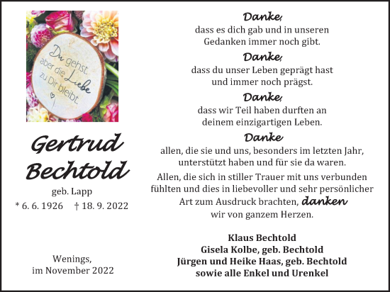 Traueranzeige von Gertrud Bechtold von Kreis-Anzeiger