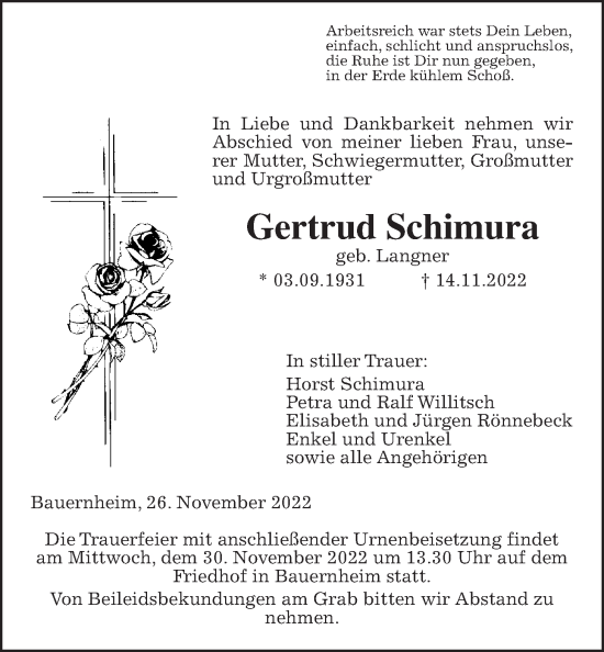 Traueranzeige von Gertrud Schimura von Wetterauer Zeitung