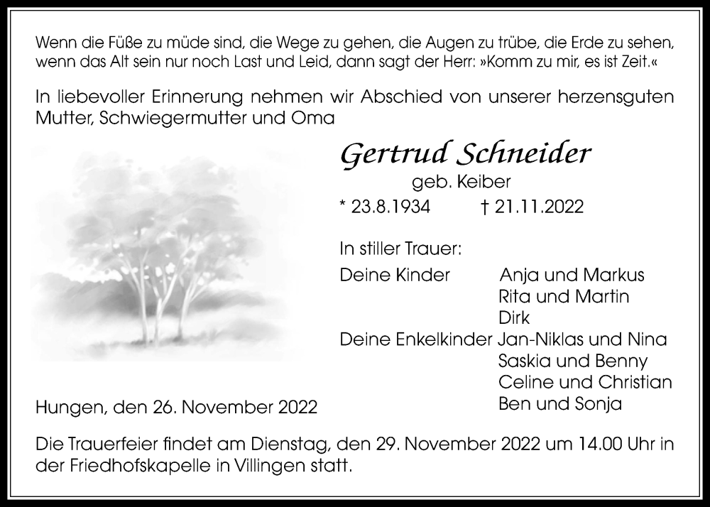  Traueranzeige für Gertrud Schneider vom 26.11.2022 aus Giessener Allgemeine, Alsfelder Allgemeine