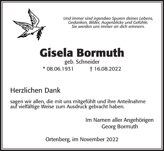 Traueranzeige von Gisela Bormuth von Kreis-Anzeiger
