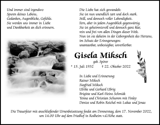 Traueranzeige von Gisela Miksch von Wetterauer Zeitung