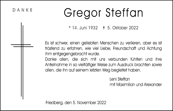 Traueranzeige von Gregor Steffan von Wetterauer Zeitung