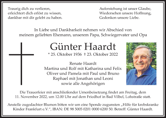 Traueranzeige von Günter Haardt von Bad Vilbel/Karben