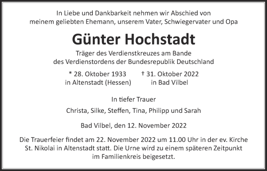 Traueranzeige von Günter Hochstadt von Kreis-Anzeiger