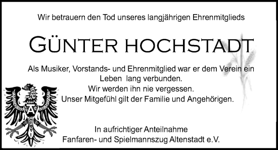 Traueranzeige von Günter Hochstadt von Kreis-Anzeiger