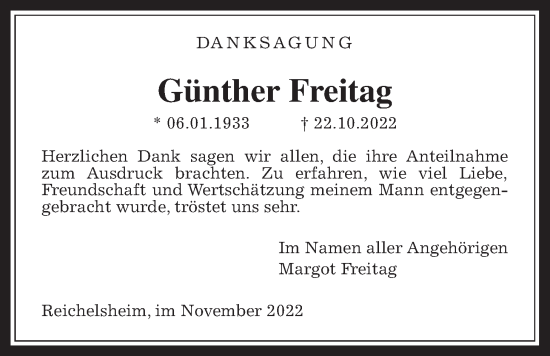 Traueranzeige von Günther Freitag von Wetterauer Zeitung