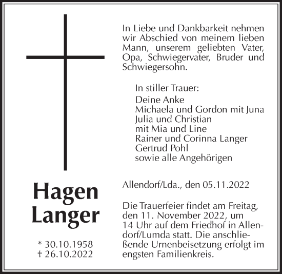 Traueranzeige von Hagen Langer von Giessener Allgemeine, Alsfelder Allgemeine