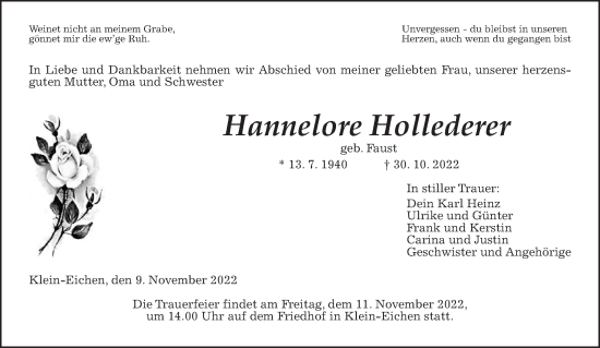 Traueranzeige von Hannelore Hollederer von Giessener Allgemeine, Alsfelder Allgemeine