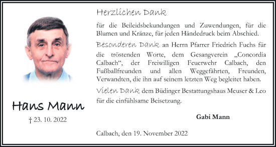 Traueranzeige von Hans Mann von Kreis-Anzeiger