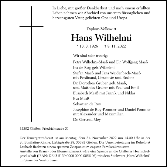 Traueranzeige von Hans Wilhelmi von Giessener Allgemeine, Giessener Anzeiger, Alsfelder Allgemeine