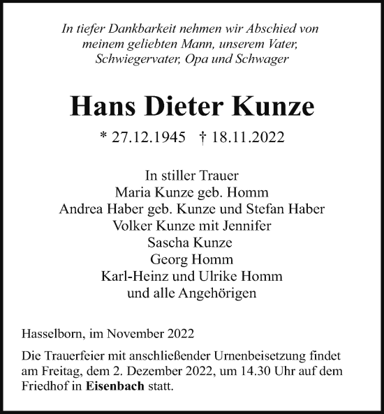 Traueranzeige von Hans Dieter Kunze 