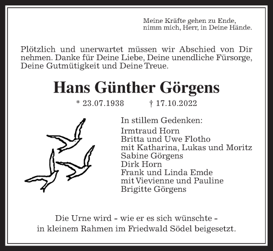 Traueranzeige von Hans Günther Görgens von Wetterauer Zeitung