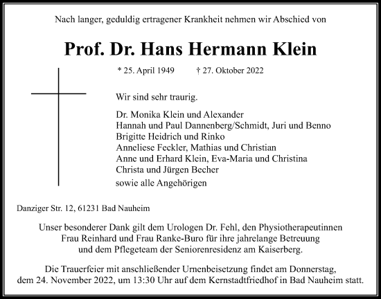Traueranzeige von Hans Hermann Klein von Wetterauer Zeitung