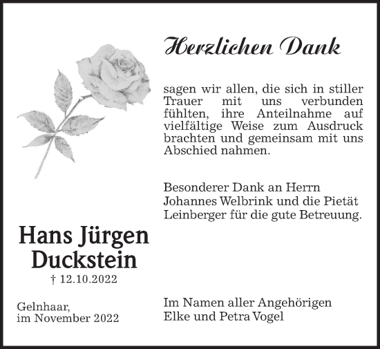 Traueranzeige von Hans Jürgen Duckstein von Kreis-Anzeiger