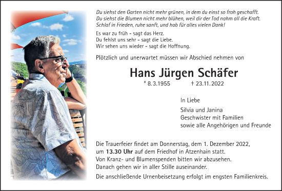 Traueranzeige von Hans Jürgen Schäfer von Giessener Allgemeine, Alsfelder Allgemeine