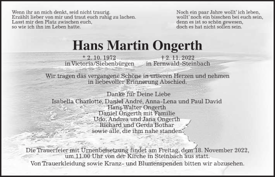 Traueranzeige von Hans Martin Ongerth von Giessener Allgemeine, Alsfelder Allgemeine