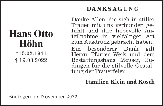 Traueranzeige von Hans Otto Höhn von Kreis-Anzeiger
