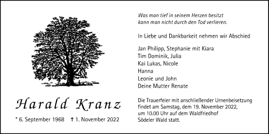 Traueranzeige von Harald Kranz von Wetterauer Zeitung