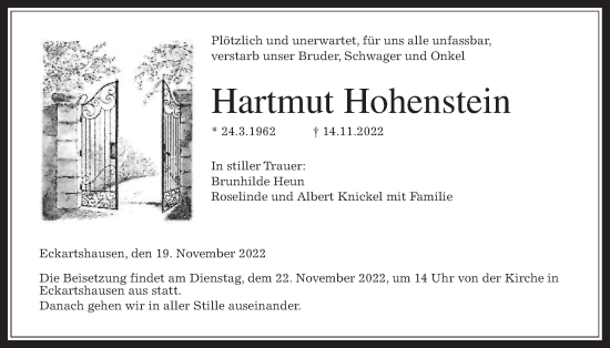 Traueranzeige von Hartmut Hohenstein von Kreis-Anzeiger