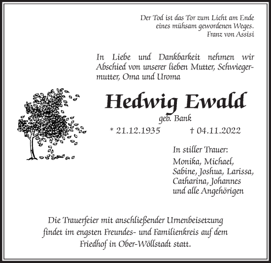 Traueranzeige von Hedwig Ewald von Wetterauer Zeitung