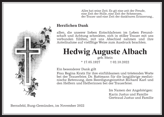 Traueranzeige von Hedwig Auguste Albach von Alsfelder Allgemeine