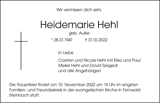 Traueranzeige von Heidemarie Hehl von Giessener Allgemeine, Alsfelder Allgemeine