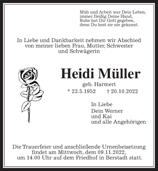 Traueranzeige von Heidi Müller von Wetterauer Zeitung