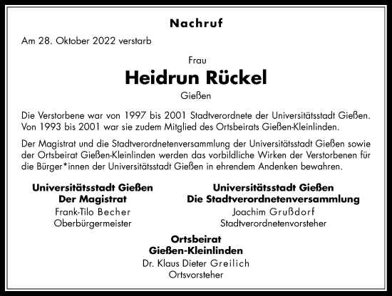 Traueranzeige von Heidrun Rückel von Giessener Anzeiger, Giessener Allgemeine, Alsfelder Allgemeine