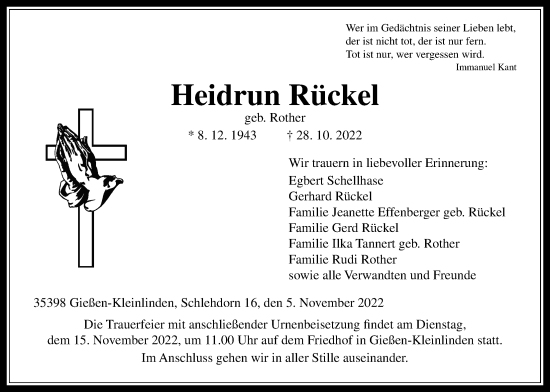 Traueranzeige von Heidrun Rückel von Giessener Allgemeine, Alsfelder Allgemeine, Giessener Anzeiger