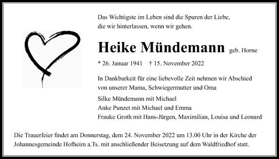 Traueranzeige von Heike Mündemann 