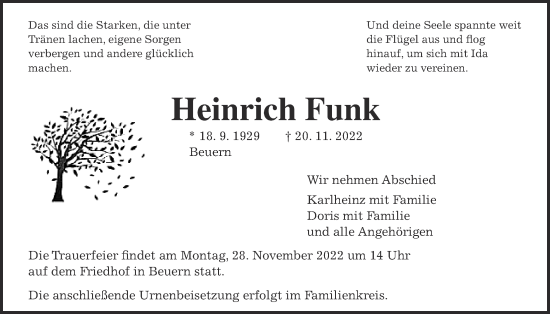 Traueranzeige von Heinrich Funk von Giessener Allgemeine, Alsfelder Allgemeine