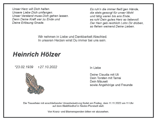 Traueranzeige von Heinrich Hölzer von Wetterauer Zeitung