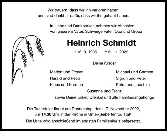 Traueranzeige von Heinrich Schmidt von Giessener Allgemeine, Alsfelder Allgemeine