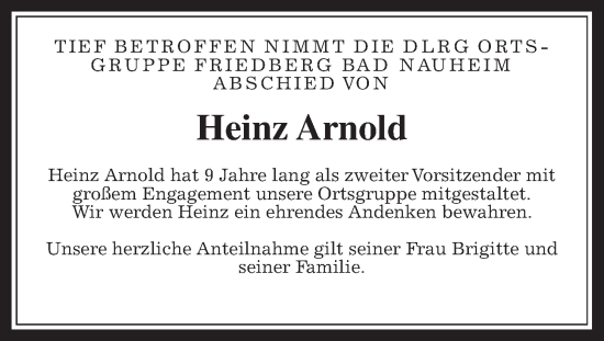 Traueranzeige von Heinz Arnold von Wetterauer Zeitung