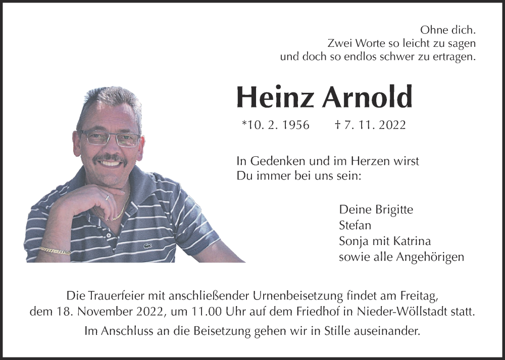  Traueranzeige für Heinz Arnold vom 12.11.2022 aus Wetterauer Zeitung