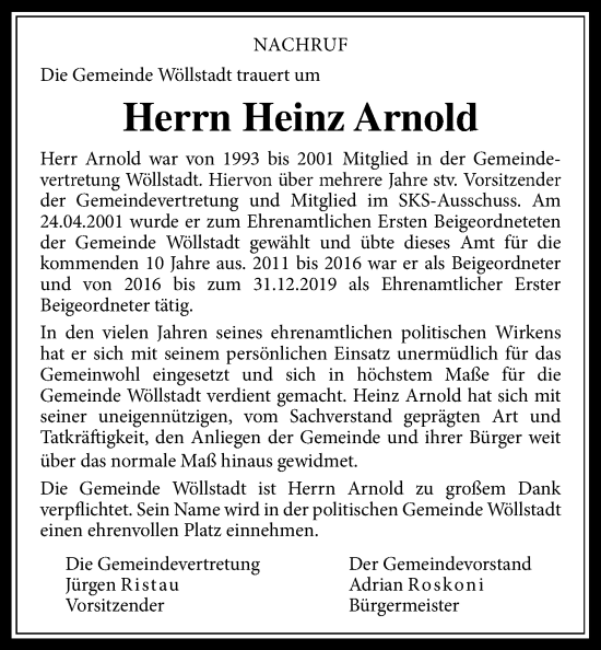 Traueranzeige von Heinz Arnold von Wetterauer Zeitung