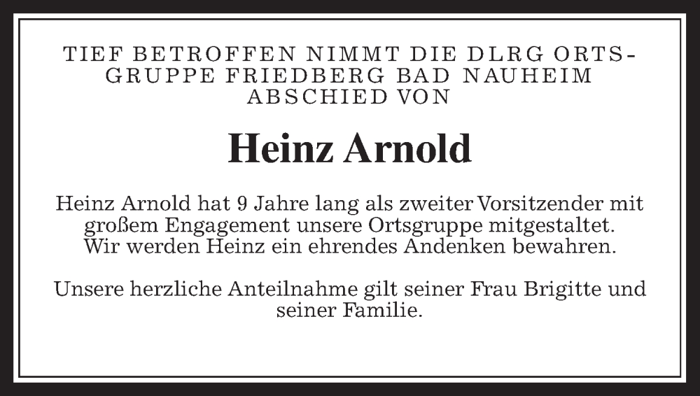  Traueranzeige für Heinz Arnold vom 12.11.2022 aus Wetterauer Zeitung