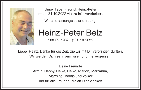 Traueranzeige von Heinz-Peter Belz von Bad Vilbel/Karben