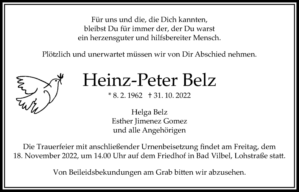 Traueranzeige für Heinz-Peter Belz vom 10.11.2022 aus Bad Vilbel/Karben