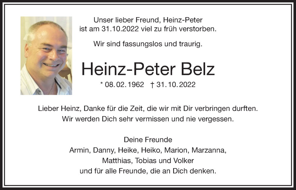  Traueranzeige für Heinz-Peter Belz vom 10.11.2022 aus Bad Vilbel/Karben