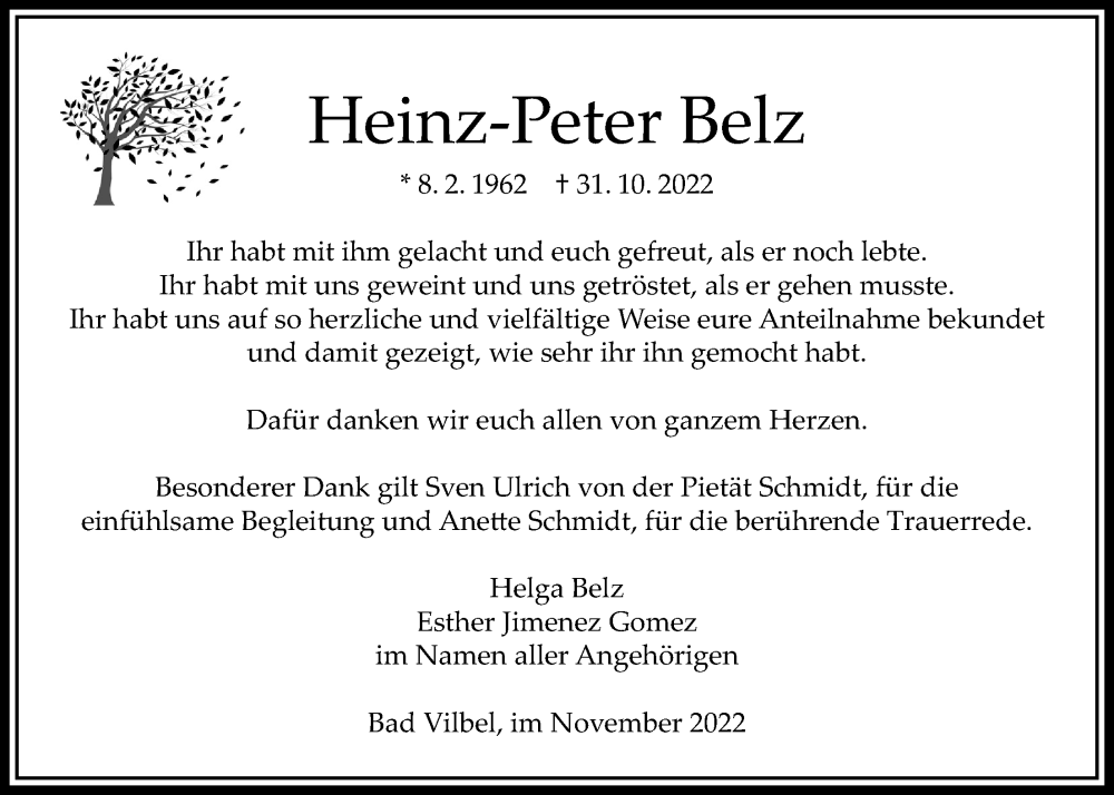  Traueranzeige für Heinz-Peter Belz vom 24.11.2022 aus Bad Vilbel/Karben